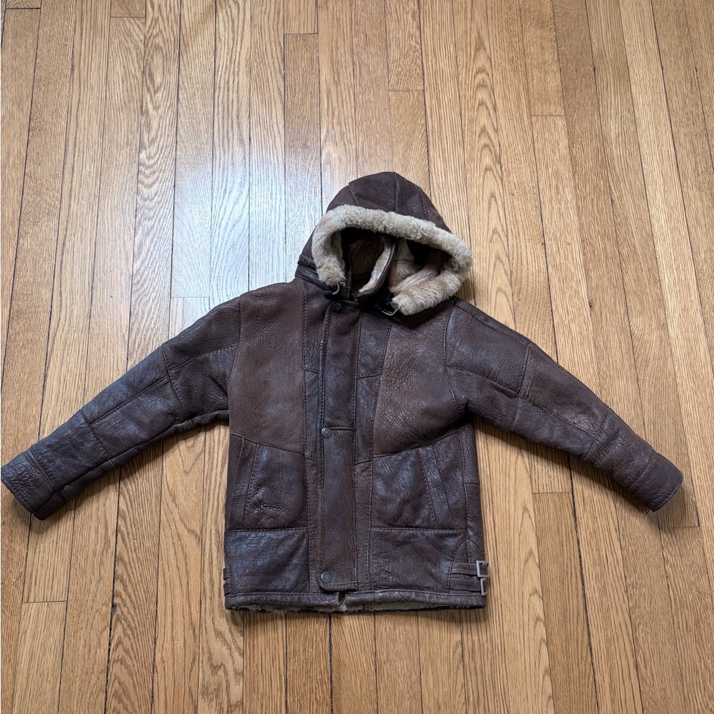Kids Brown shearling Hooded Coat
